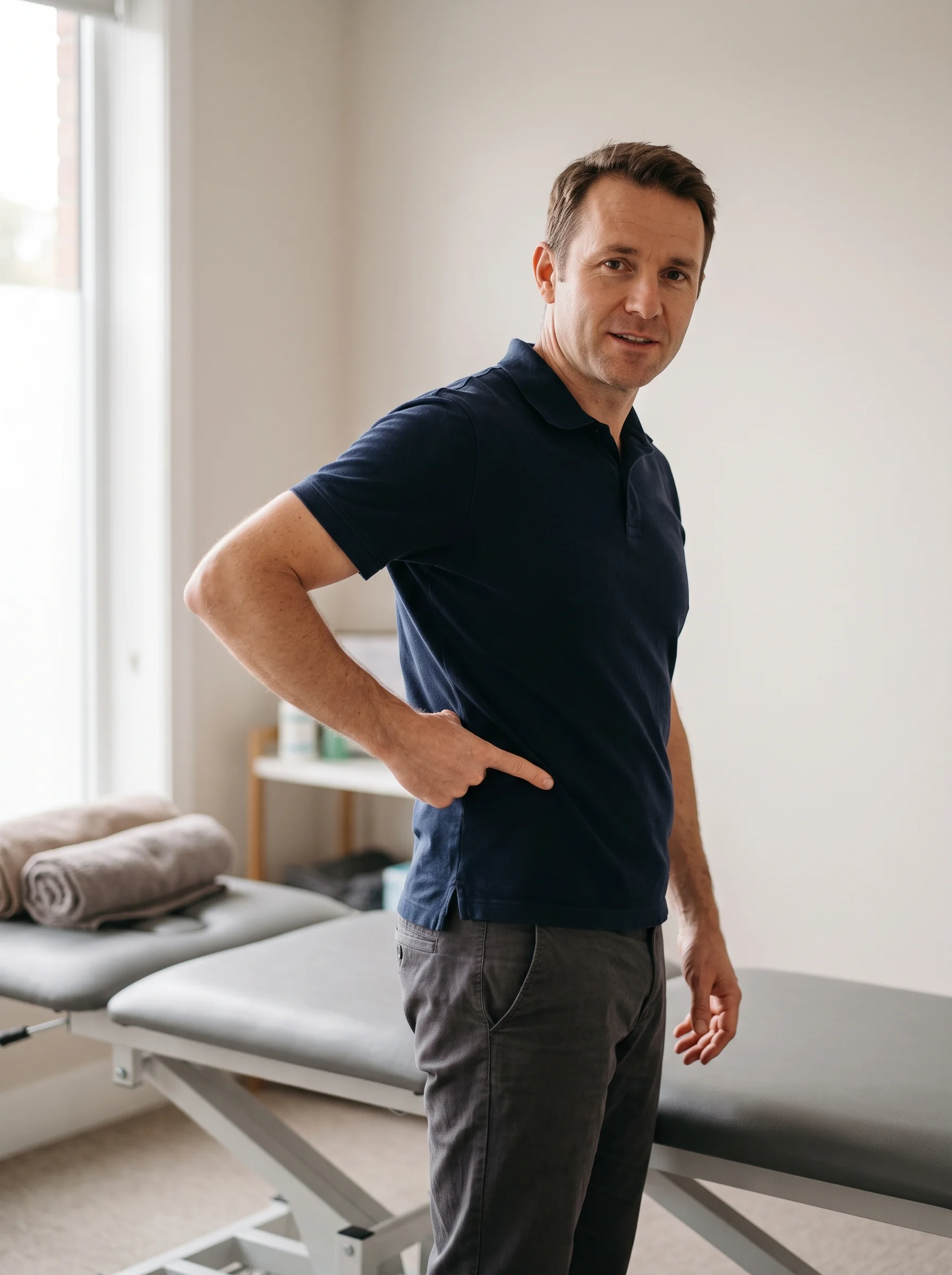 Sam beside the plinth in his room, a hand on the small of his own back as he explains where a low back pain sits