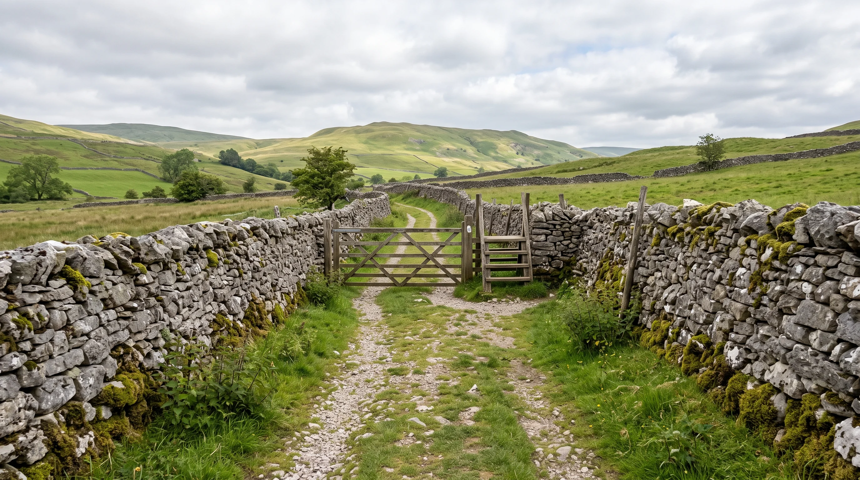 A grassy footpath between limestone walls above Kendal, with a field gate and a step stile ahead