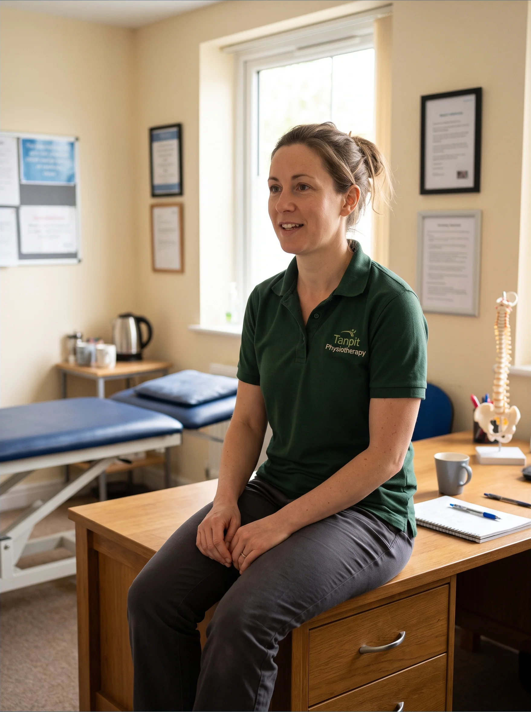 A female physiotherapist in her late thirties sitting on the edge of a desk in a treatment room.
