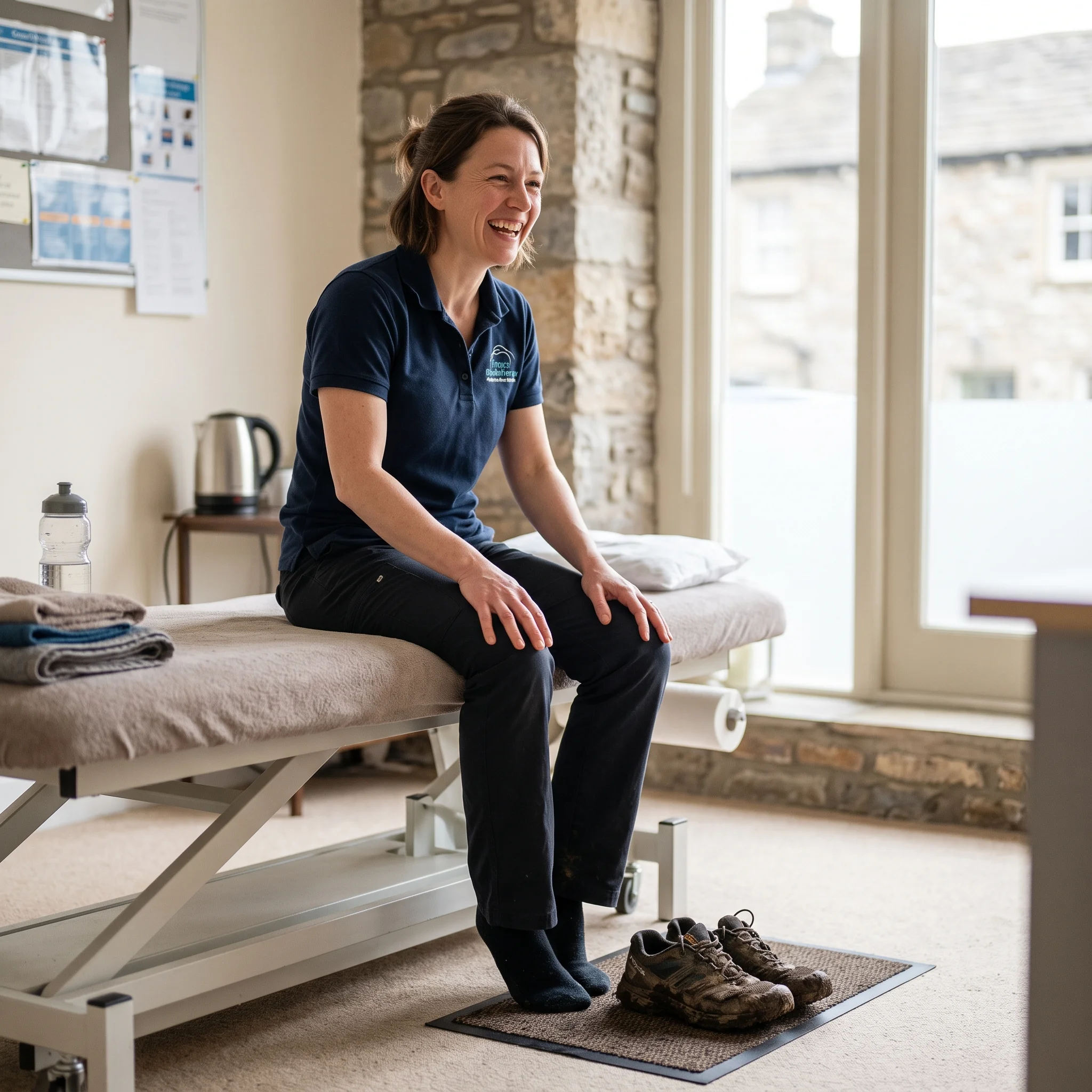Helen laughing on the edge of the plinth, muddy fell shoes on the floor beside her