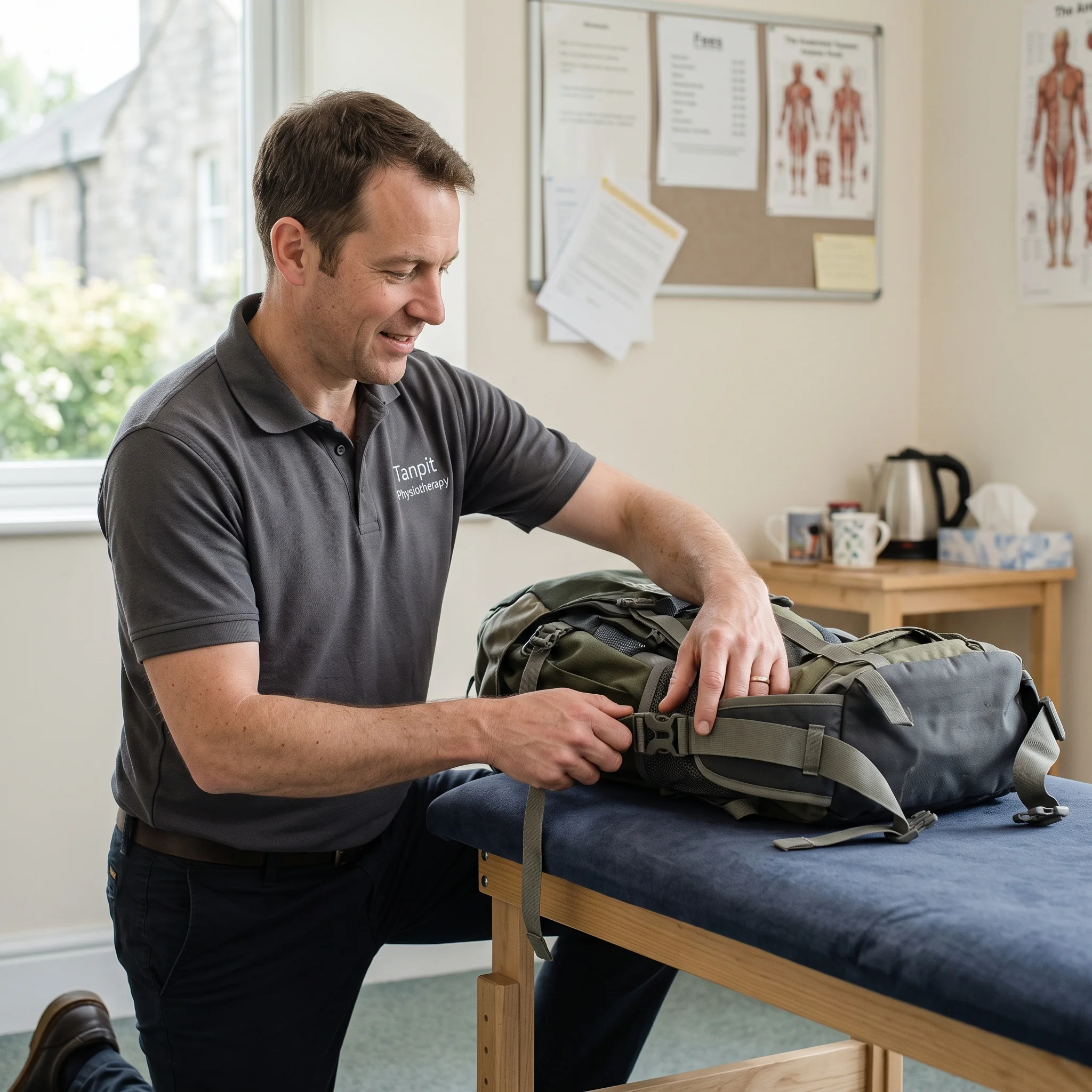 Sam adjusting the hip belt of a loaded rucksack on his plinth, glancing up