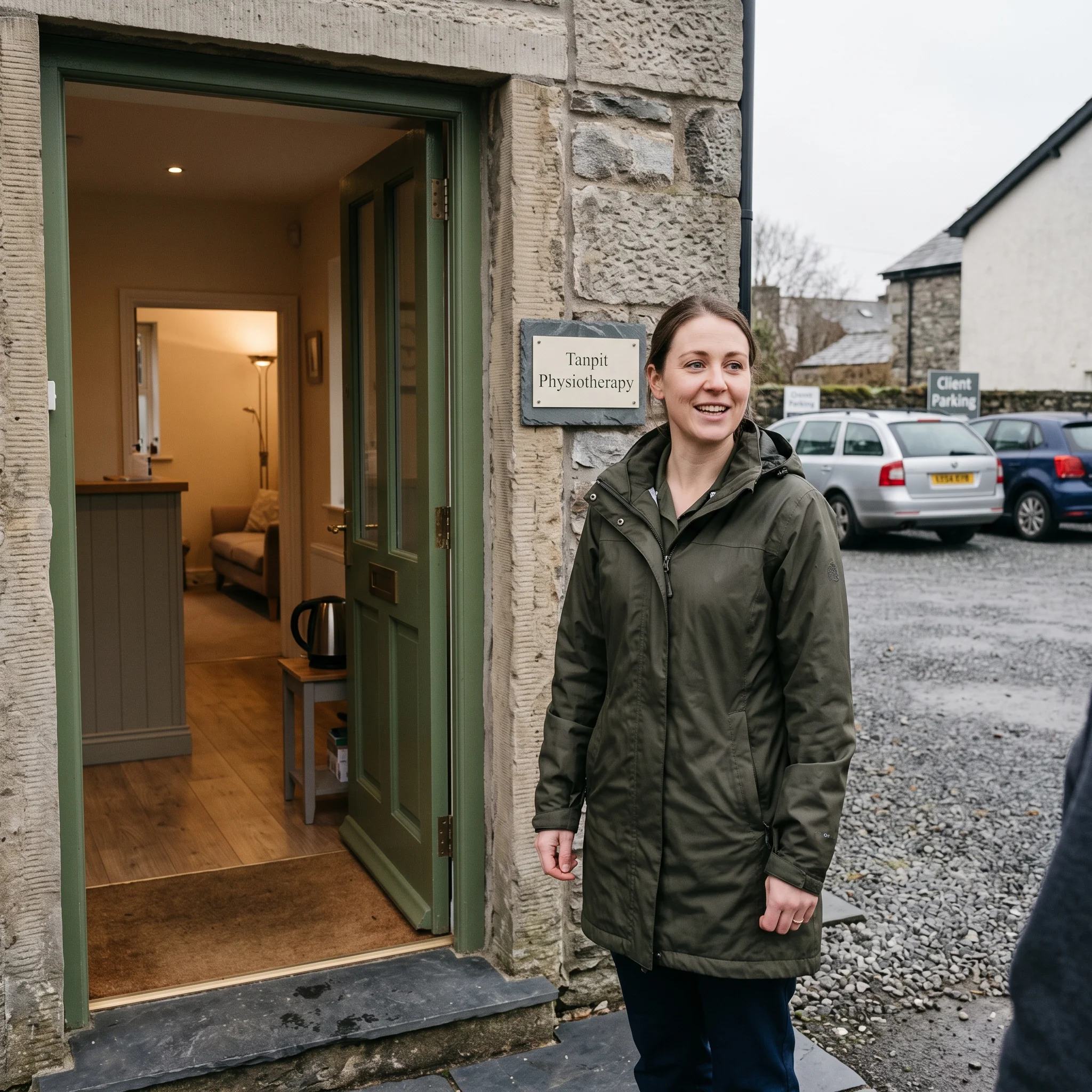 Helen in a waterproof at the clinic's step-free doorway, the car park behind her