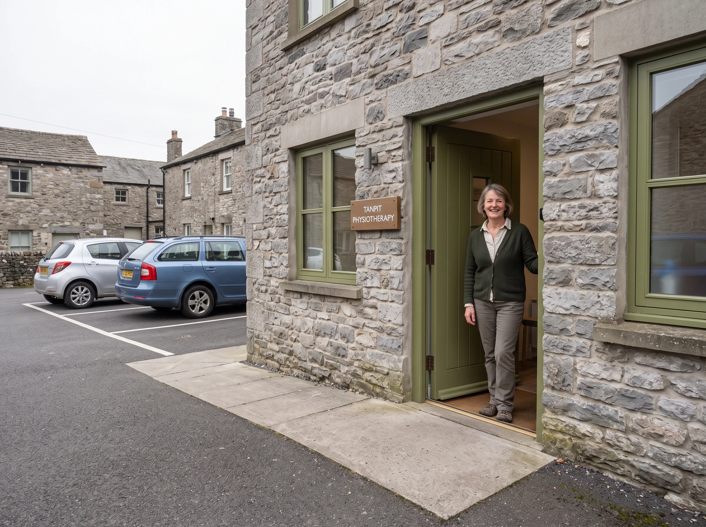The clinic door seen from the car park, with level tarmac running straight to it and Jo standing in the doorway