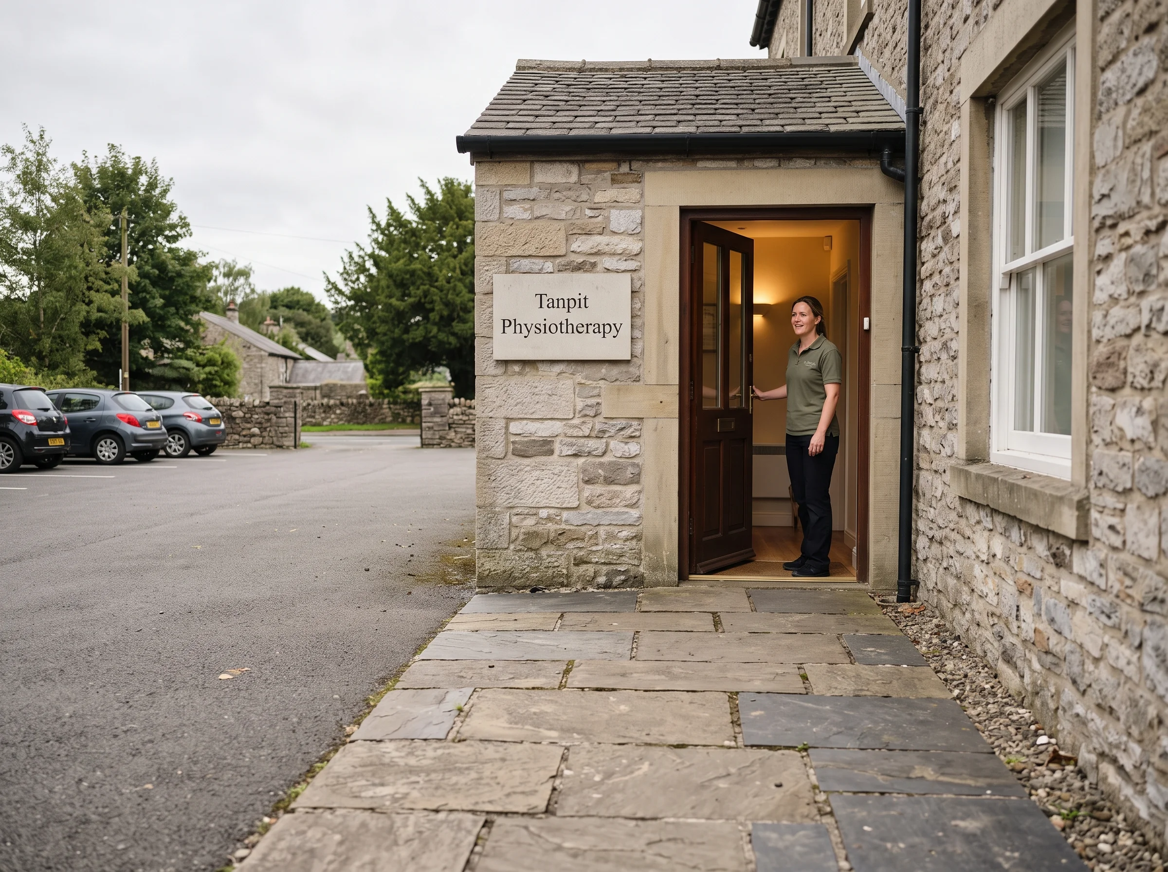 A woman stands in the open doorway of a stone clinic building, with a paved walkway in the foreground and parked cars to the left.