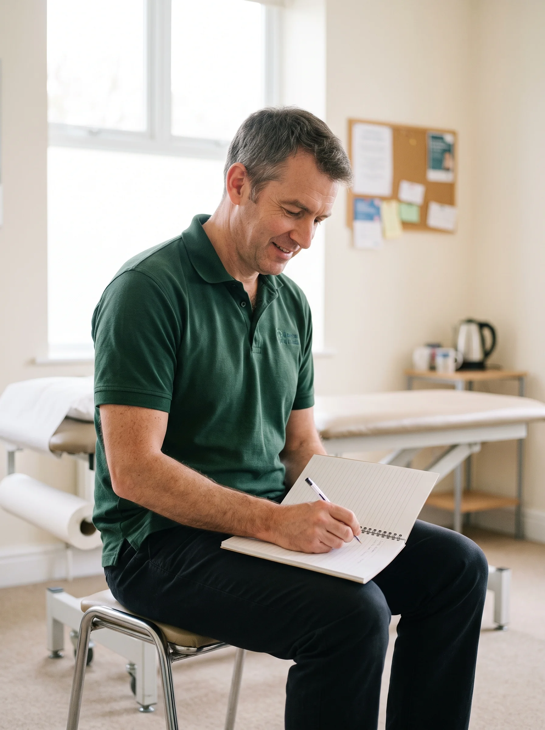 Sam on the low stool in his treatment room, notebook on his knee, looking up as if waiting for your answer
