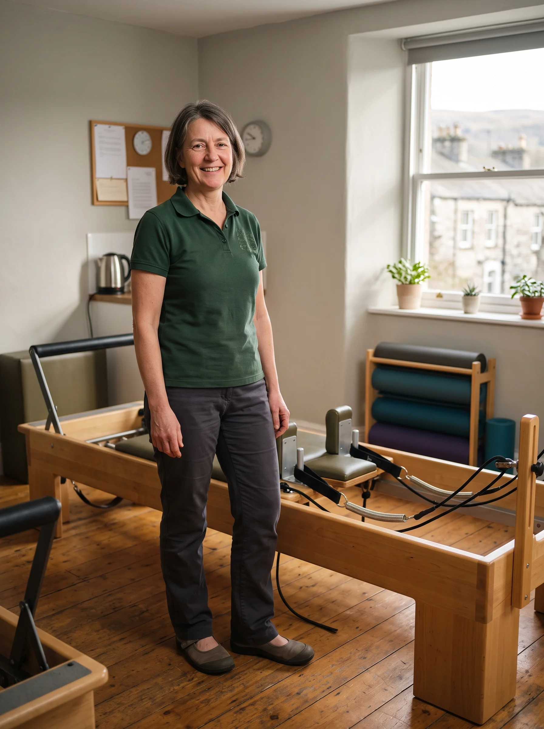 A woman stands in a Pilates studio facing forward with her hands at her sides next to a reformer bed.