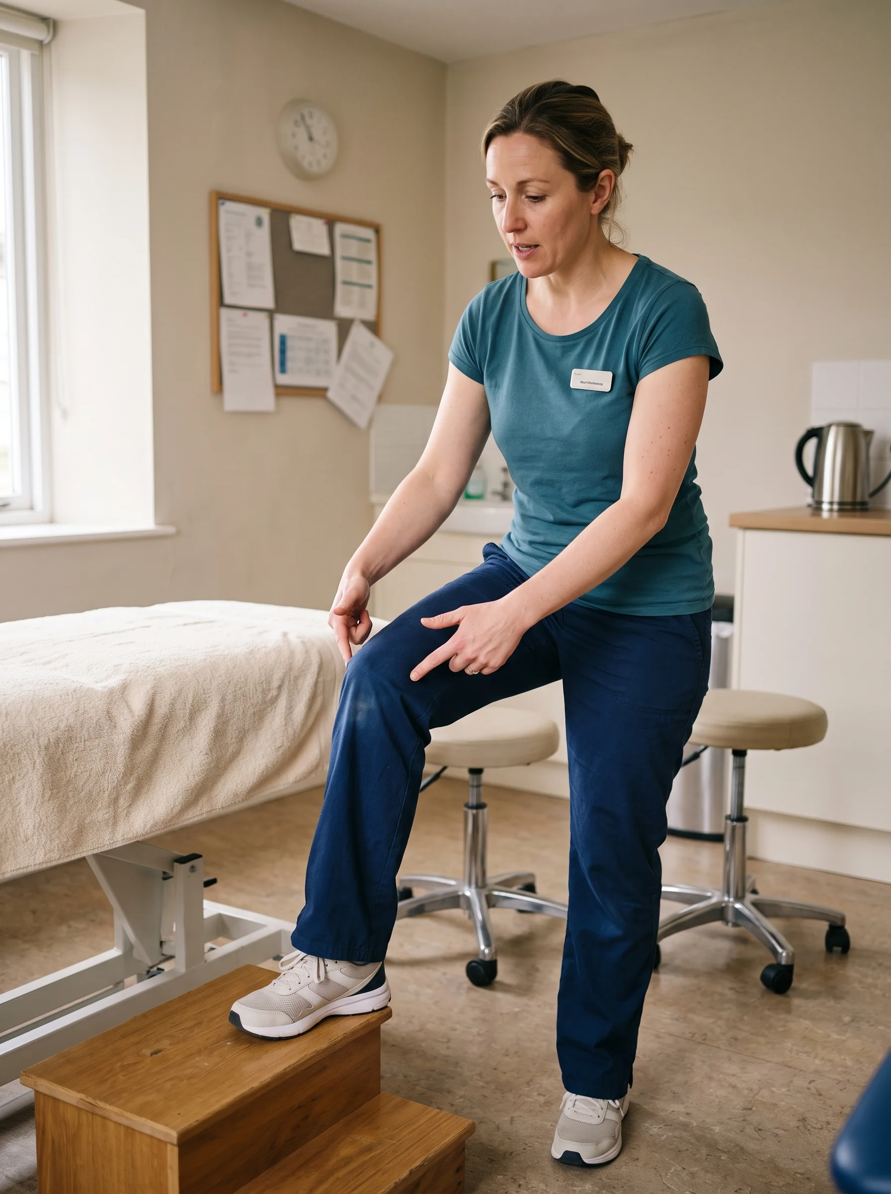 Helen in her treatment room with a foot on the low step, explaining what a knee does on a descent