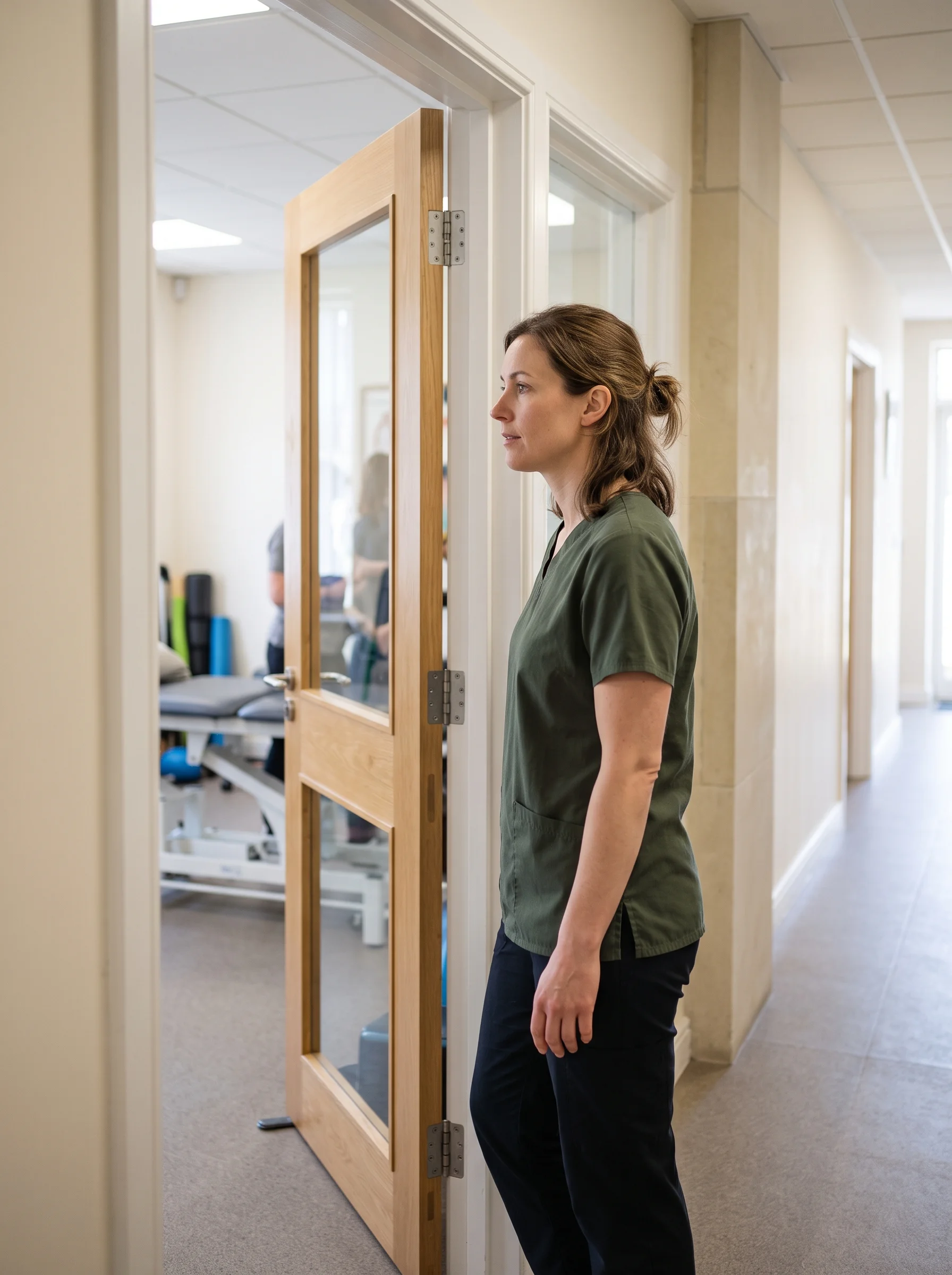 A woman in scrubs standing in a corridor by an open door.