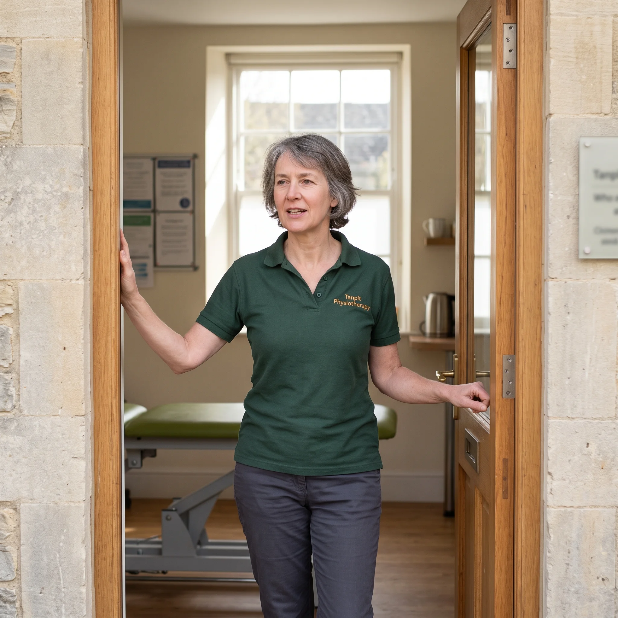 Jo at the studio doorway, hand on the frame