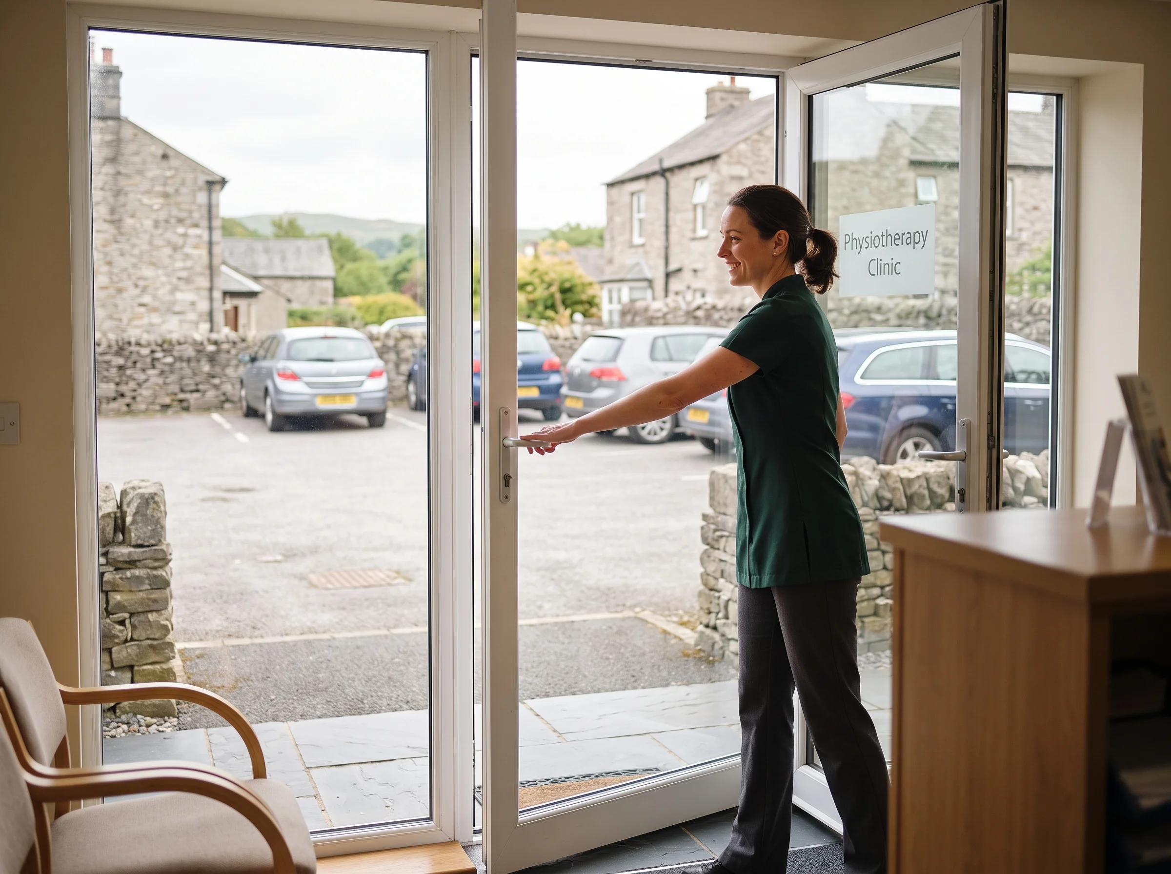 Jo holding the ground-floor door open onto the car park, ready to walk someone in