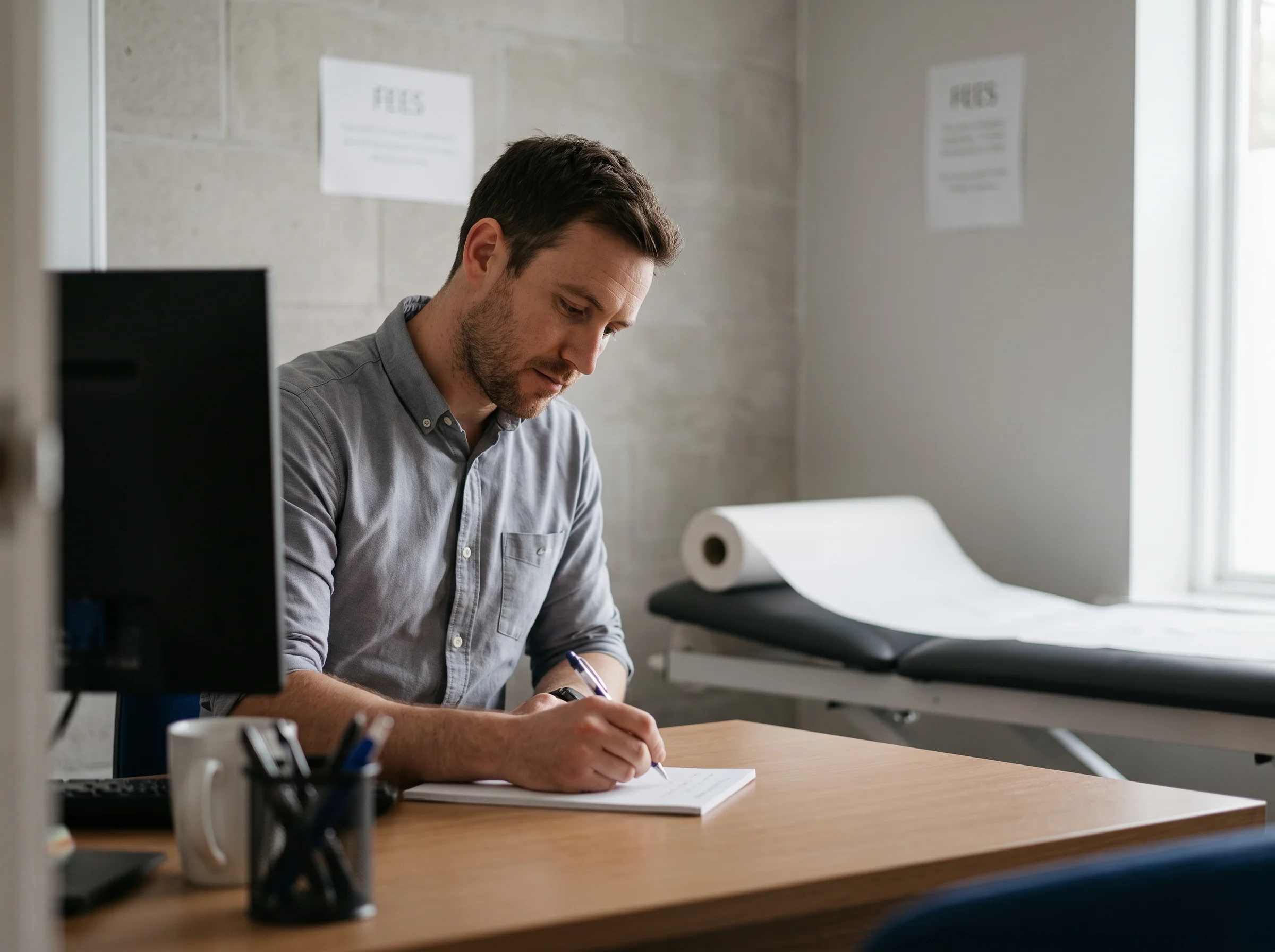 Sam at his desk writing out a short list of things to do at home