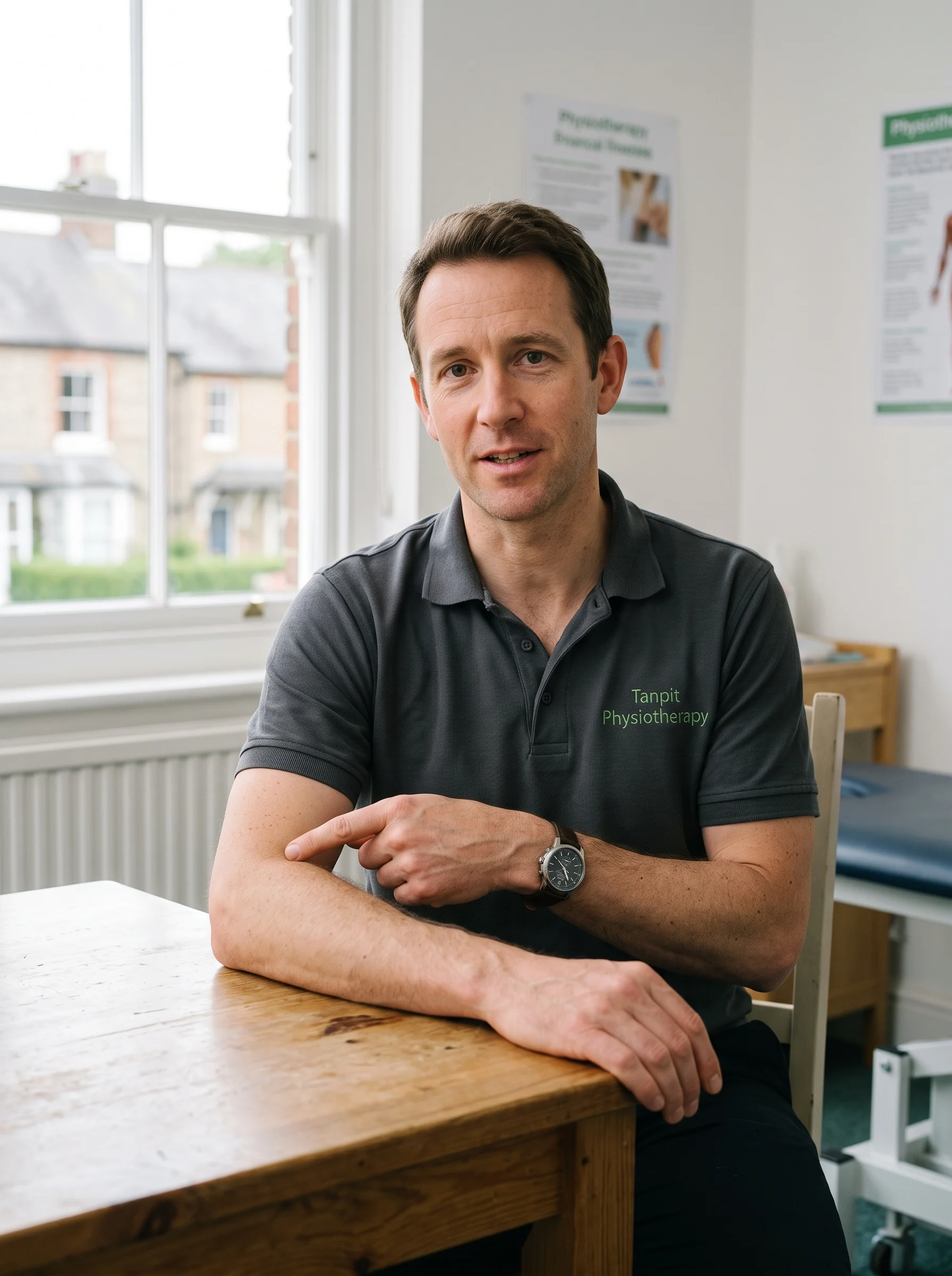 A man in a grey polo shirt sitting at a wooden table points to his elbow.