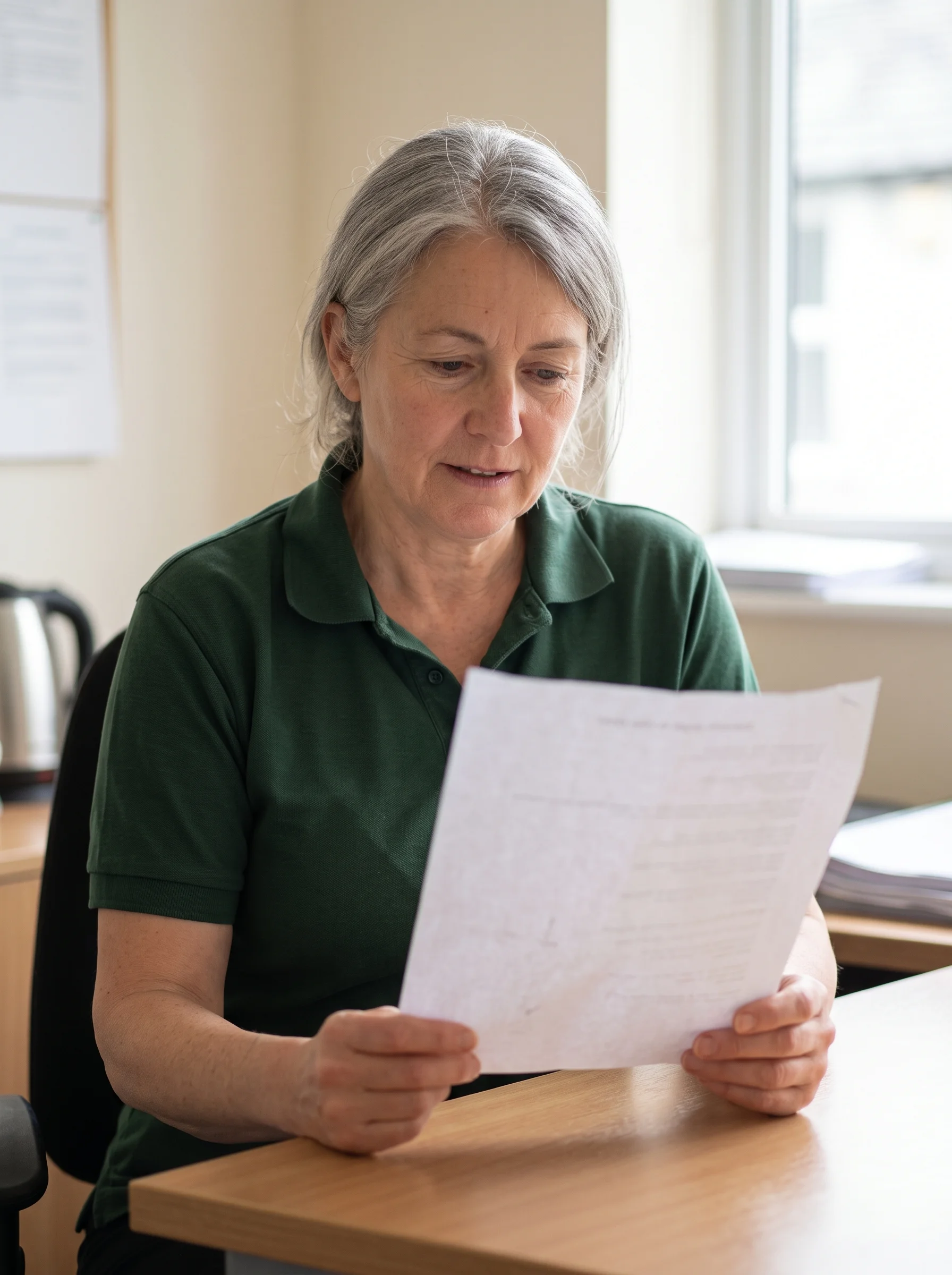 Jo at her desk, reading through a hospital exercise sheet with a pencil