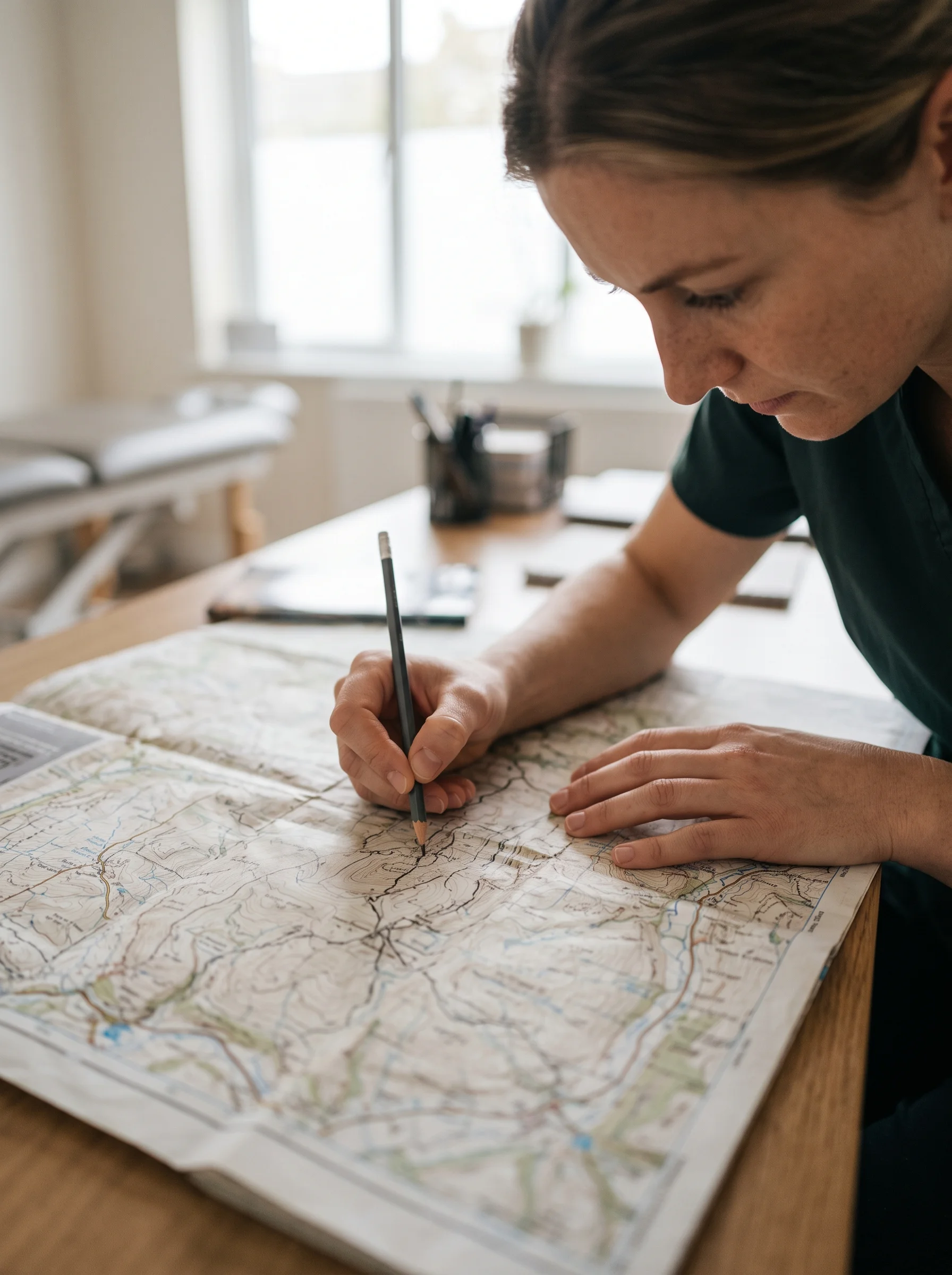 Helen leaning over an Ordnance Survey map on her desk, tracing a descent with a pencil