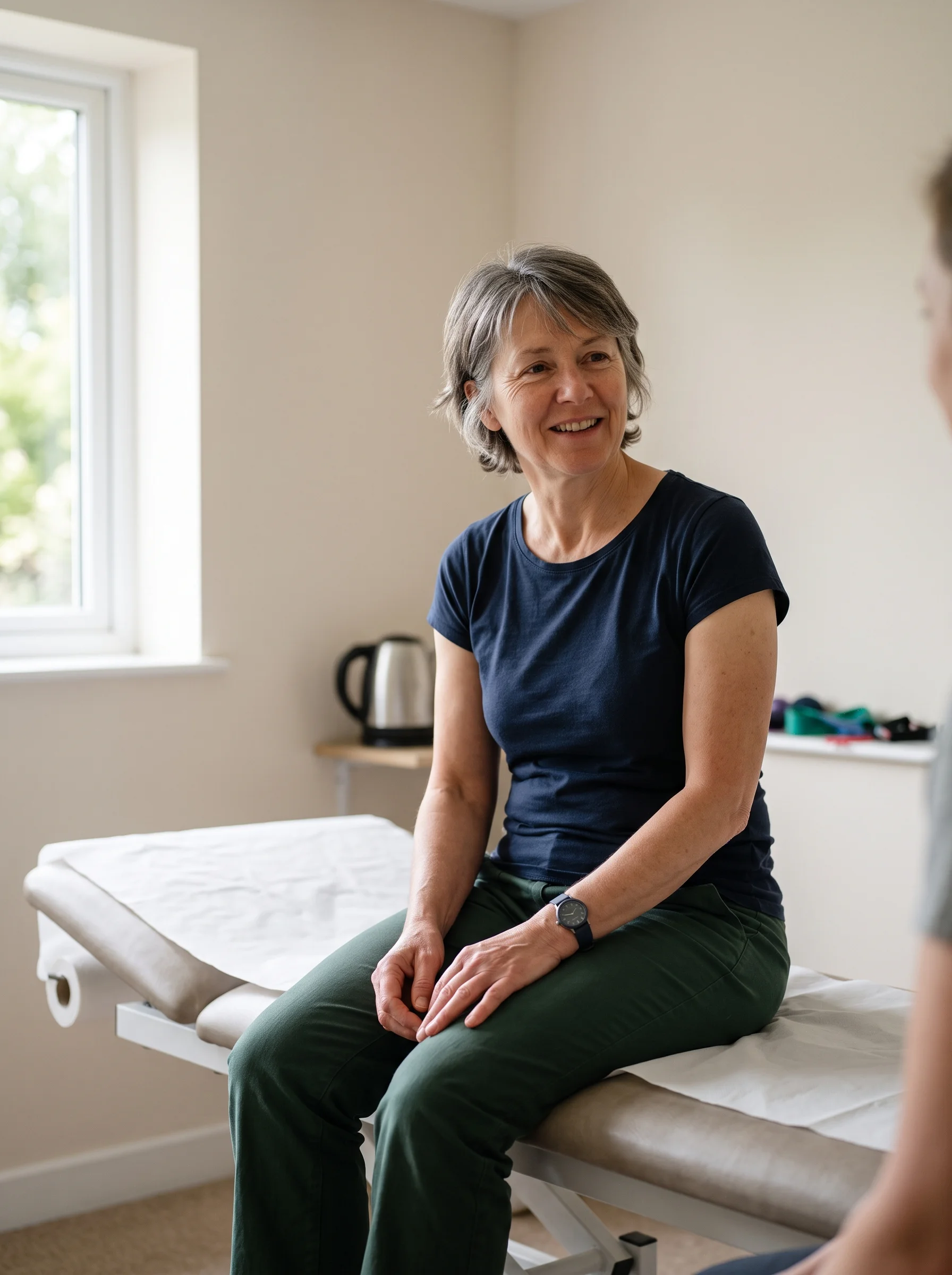 Jo, physiotherapist, sitting on the edge of a plinth in the small Pilates studio by the window, looking up at the camera