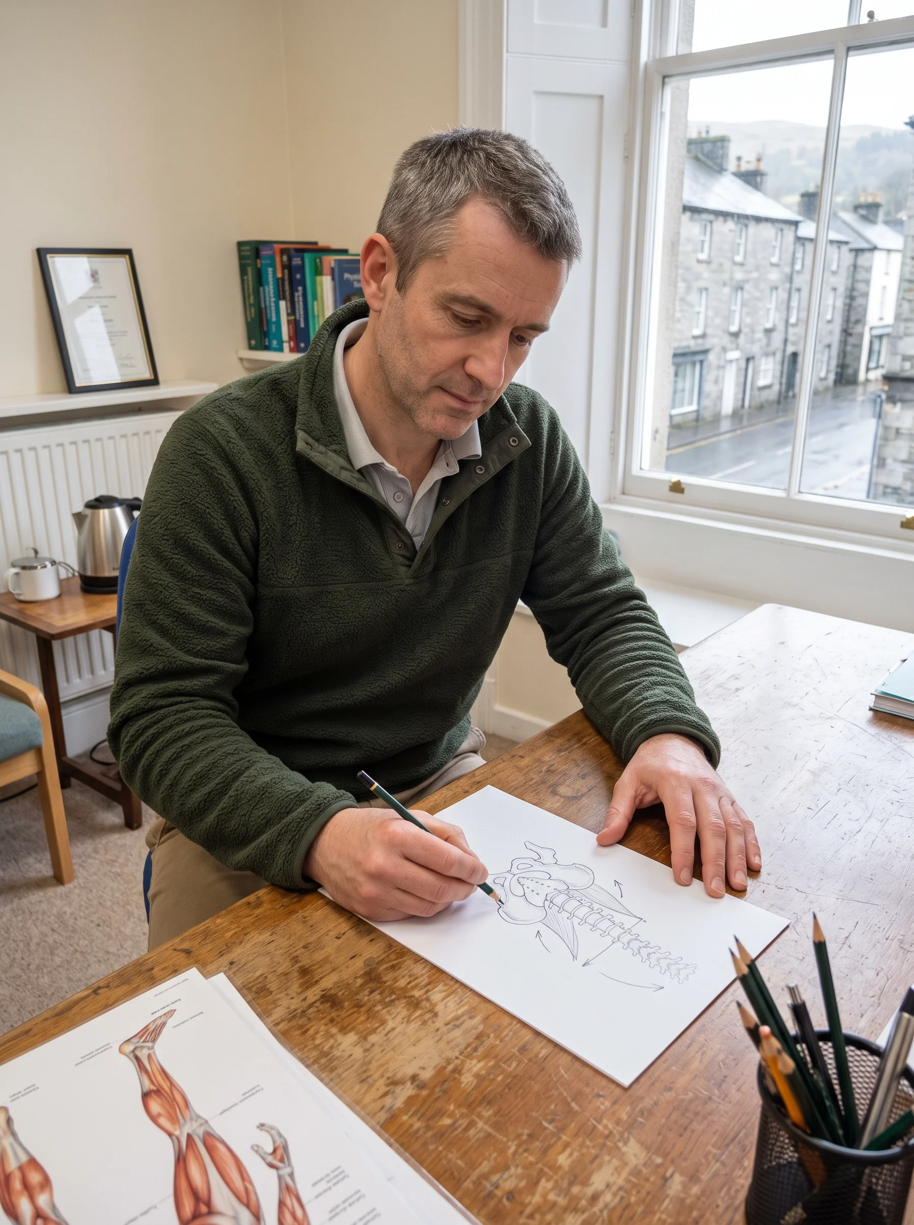 Sam at his desk, sketching a spine on paper to explain a back problem