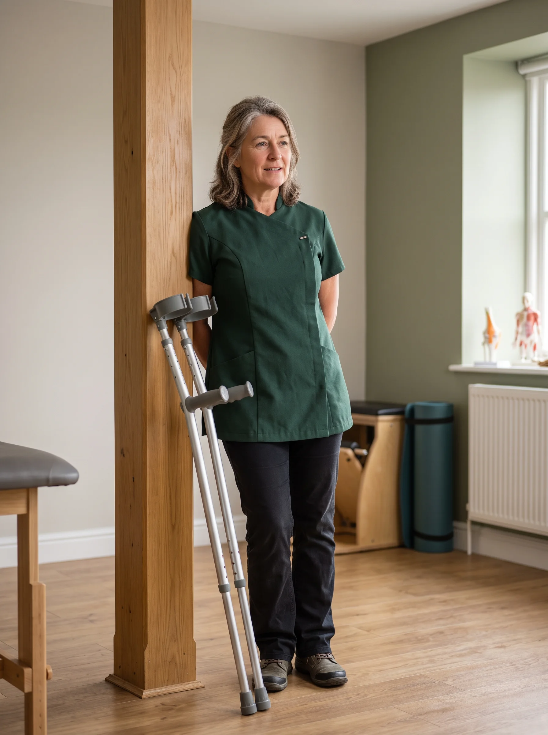Jo in the studio, a hand on a pair of crutches, looking towards the door