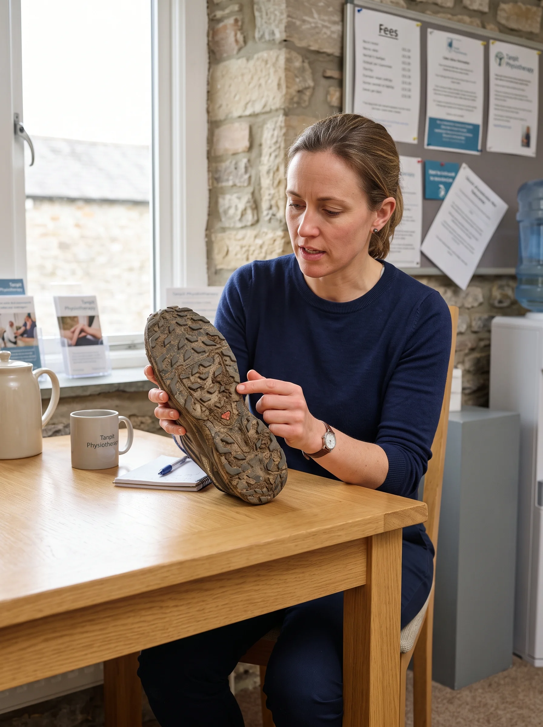 Helen at the table reading the wear on the sole of a muddy fell shoe