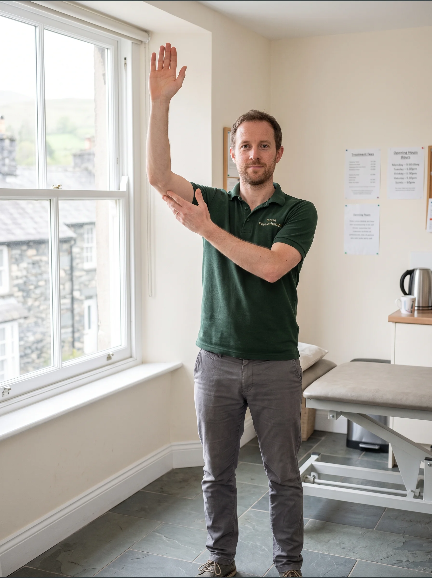 Sam by the window, showing a shoulder movement on his own arm while he explains it