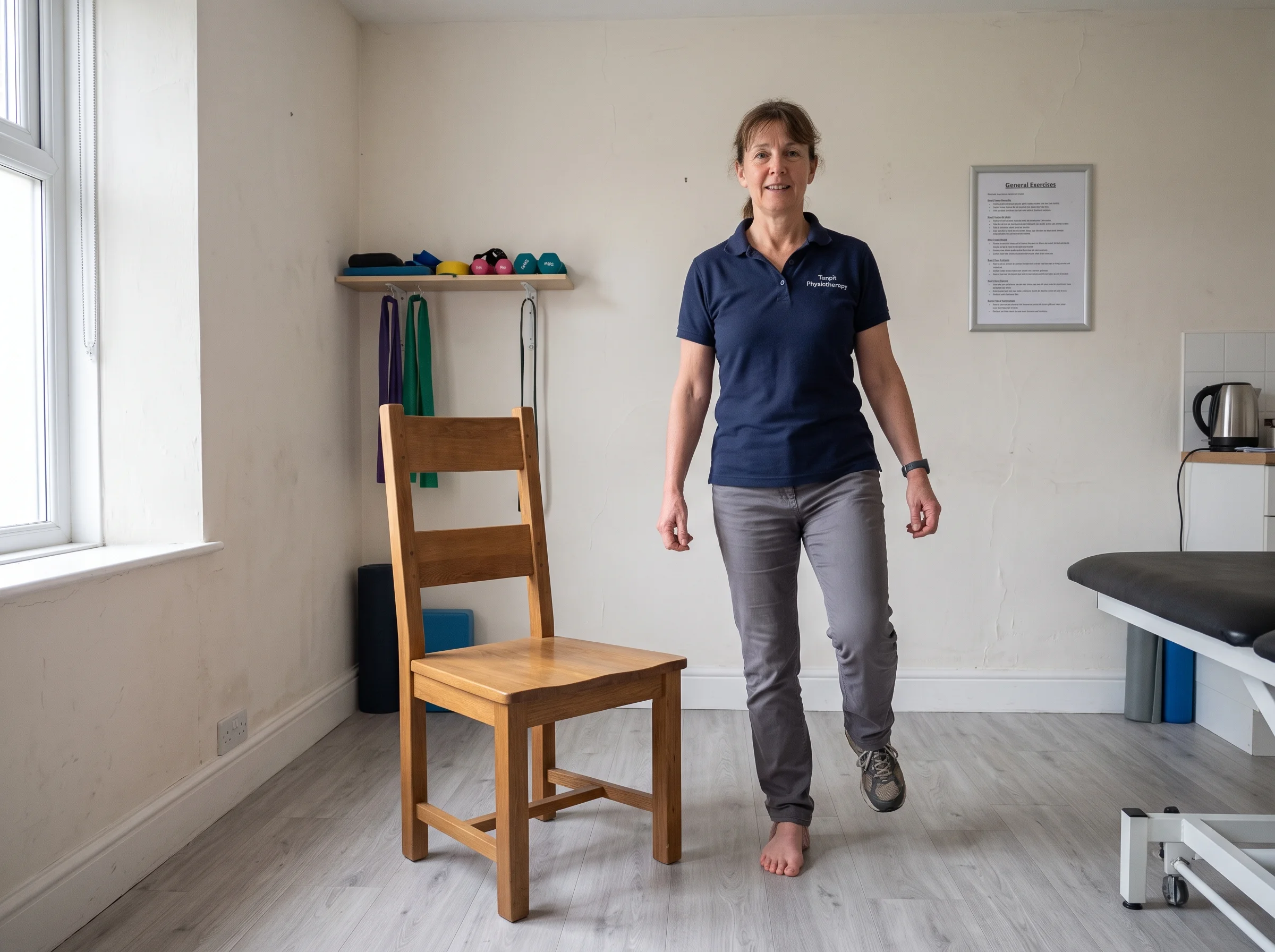 A female physiotherapist standing in a studio with one leg lifted off the floor, with a wooden chair nearby.